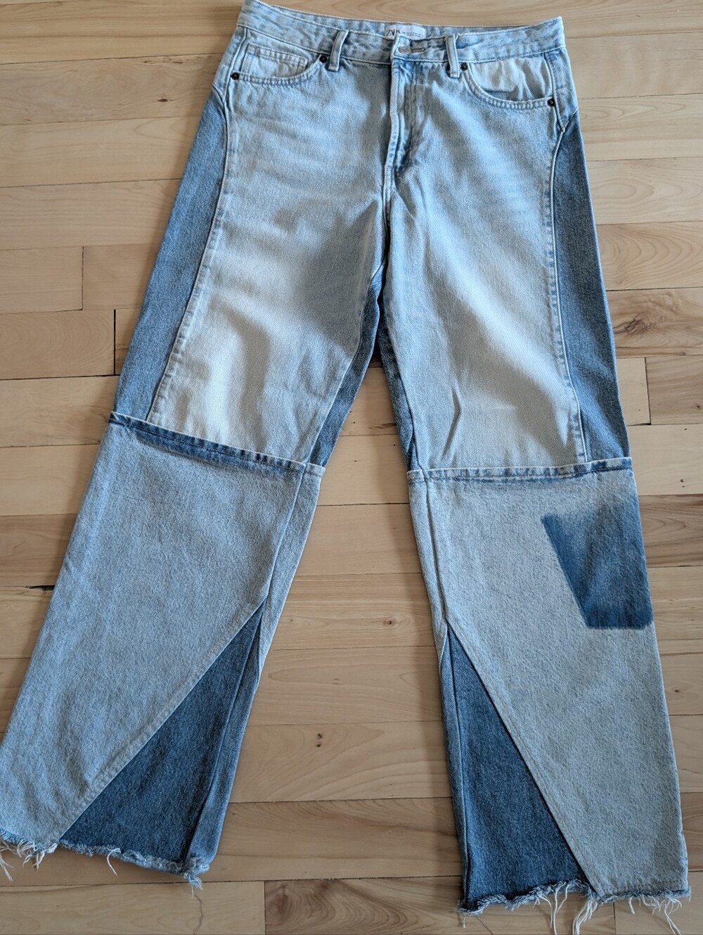 Zara Two-Tone Patchwork Wide-Leg Jeans in Light and Dark Blue